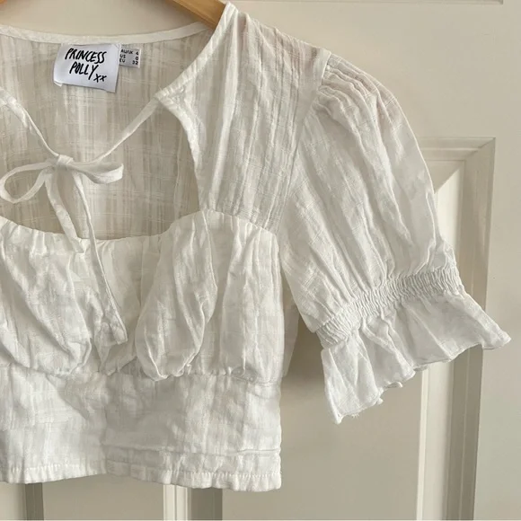 Princess Polly Crop White Puff Sleeve Blouse Boho Feminine Balletcore Beach - Picture 3 of 7